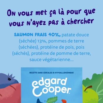 Sac Edgard & Cooper bleu avec illustrations et titre français « On vous met ça là... » plus « SAUMON FRAIS 40 % ».