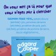 Sac Edgard & Cooper bleu avec illustrations et titre français « On vous met ça là... » plus « SAUMON FRAIS 40 % ».