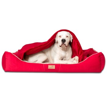 Tierlando ® RUDOLPH – Orthopädisches Hundebett inkl. Schonbezug mit Hundedecke dunkelrot 1,3 m, 25 cm, 1 m