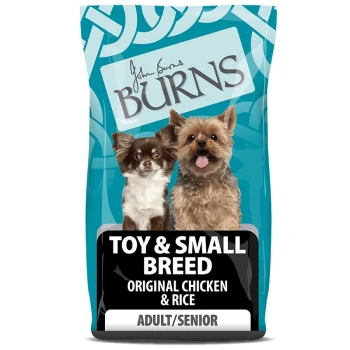 Dog food bag featuring two small dogs (a Chihuahua and a Yorkshire Terrier) with the label "TOY & SMALL BREED ORIGINAL CHICKEN & RICE ADULT/SENIOR."