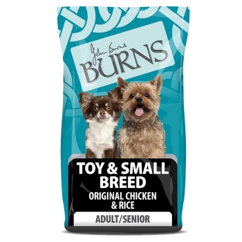 Dog food bag featuring two small dogs (a Chihuahua and a Yorkshire Terrier) with the label "TOY & SMALL BREED ORIGINAL CHICKEN & RICE ADULT/SENIOR."