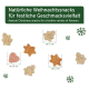 Natürliche Weihnachtsleckereien in festlichen Formen (Sterne und Herzen) auf grünem Hintergrund, mit Text in Deutsch und Englisch.