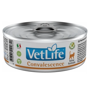 Dosenkatzenfutter mit der Aufschrift "VetLife Convalescence", mit einer silbernen Dose mit einem Ziehdeckel, entworfen für die Ernährung von Katzen.