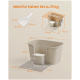 Beige Katzentoilette mit Schaufel und Maßen, ideal für Katzen bis 15 kg, mit deutschem Text.