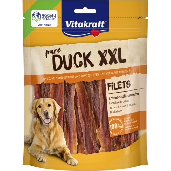 Vitakraft Pure Duck XXL Filets hondensnacks, geen graan, geen toevoegingen, 100% mager eendenvlees, recyclebare verpakking.