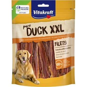 Vitakraft Pure Duck XXL Filets hondensnacks, geen graan, geen toevoegingen, 100% mager eendenvlees, recyclebare verpakking.