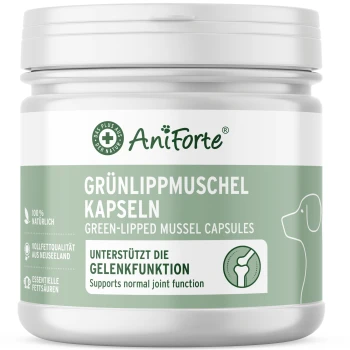 AniForte Grünlippmuschel-Kapseln für Haustiere, in Deutsch und Englisch, fördern die Gelenkunterstützung mit 100% natürlichen Inhaltsstoffen.