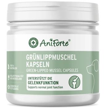AniForte Grünlippmuschel-Kapseln für Haustiere, in Deutsch und Englisch, fördern die Gelenkunterstützung mit 100% natürlichen Inhaltsstoffen.