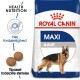 Royal Canin Maxi Adult Hundefutterbeutel mit einem Deutschen Schäferhund, mit den Merkmalen "Gesunde Ernährung", "Høj fordøjelighed" und "Tilpasset størrelse."