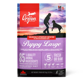 Puppy Large Breed 6 kg Orijen Puppy Large Hundefutterbeutel mit einer Person und Hund Silhouette bei Sonnenuntergang, die "85% hochwertige tierische Zutaten" und "frisch oder roh" zeigt.