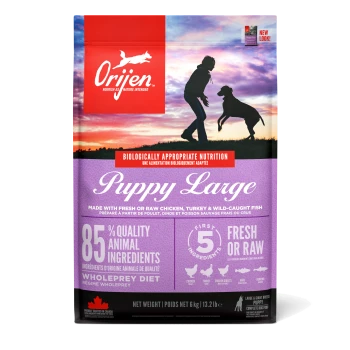 Sac de nourriture pour chiens Orijen Puppy Large avec une silhouette de personne et de chien au coucher du soleil, mettant en avant "85 % d'ingrédients animaux de qualité" et "frais ou cru."