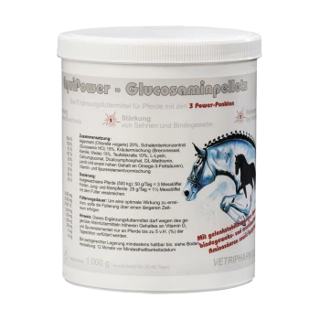 Behälter mit EquiPower Glucosamin-Pellets für Pferde, mit einer Pferdeillustration und Details zu Inhaltsstoffen, Dosierung und Vorteilen.