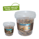 Zwei klare Kunststoffbehälter für Haustierfutter, einer groß und einer klein, beschriftet mit "PREMIERE." und "PROTEIN PUR." mit einem grünen Banner "Neues Design!".