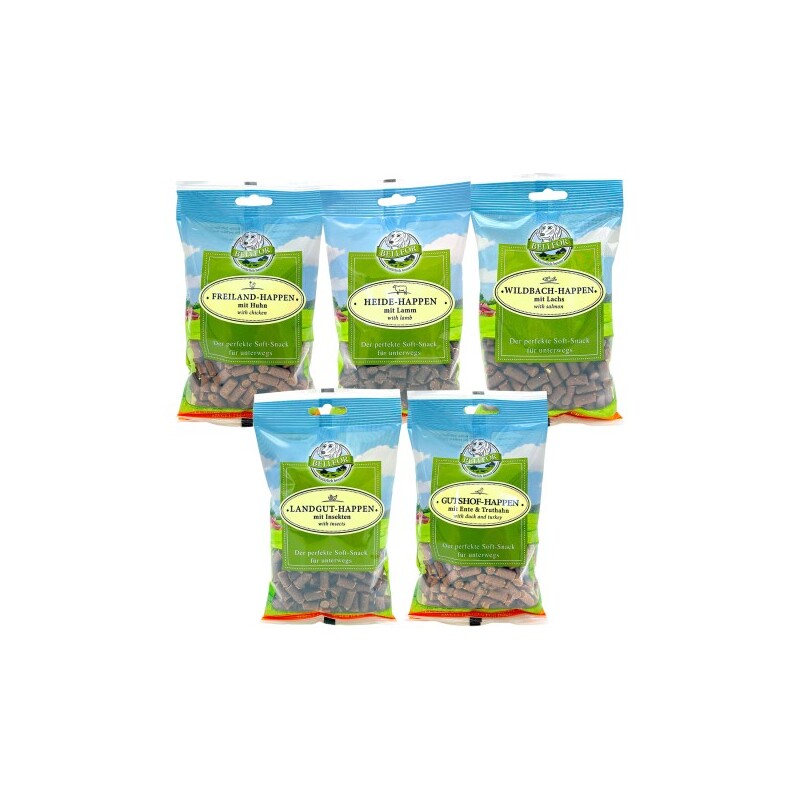 Bellfor Mix 5 Soft-snacks für Hunde - Freiland-Happen 200g + Heide-Happen 200g + Wildbach-Happen 200g + Landgut-Happen 200g + Gutshof-Happen 200g
