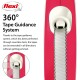 Flexi retractable dog leash featuring a 360° tape guidance system, with a close-up of the tape mechanism and text explaining its functionality.