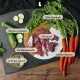 Rohes Pferdefleisch auf Teller mit Zucchini, Karotten und Öl; sichtbare Angaben: '70% Pferd', '18% Bio-Zucchini', 'Für Hunde'.