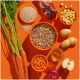 Ein lebendiger orangefarbener Hintergrund zeigt die Zutaten für Tierfutter: eine Schüssel mit gemischtem Fleisch und Gemüse, Quinoa, Karotten, Kartoffeln, einem Apfel und Öl.