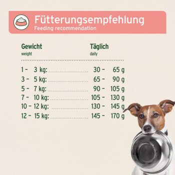 Tabelle mit dem Titel „Fütterungsempfehlung / Feeding recommendation“: Gewichte 1–15 kg, täglich 30–170 g, Hund hält Futterschüssel.