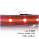 LED-Hundehalsband mit hellen LED-Punkten für maximale Sichtbarkeit, mit einem roten und orangefarbenen Design. Der Text lautet: 'LED-Spots bieten maximale Sichtbarkeit.'