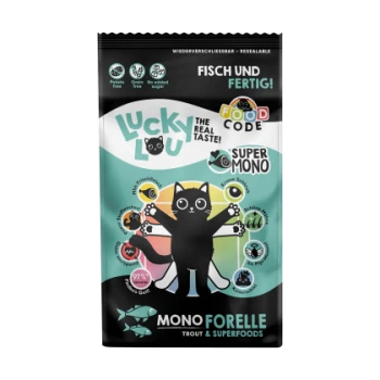 Bunte Haustierfuttertüte mit einer Cartoon-Katze, beschriftet 'Lucky Lou', mit 'MONO FORELLE' und 'FISCH UND FERTIG!'