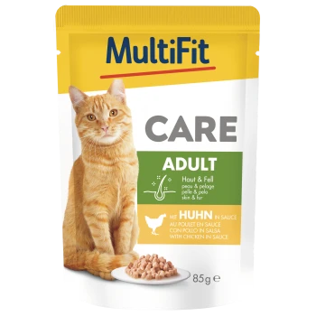 MultiFit CARE Adult cat food pouch (85g) showing orange cat, bowl of chicken in sauce; "Haut & Fell / skin & fur"