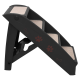Schwarze Haustiertreppe mit drei Stufen, mit beigen, mit Teppich bezogenen Tritten und roten Pfotenabdruck- und Knochenmotiven an den Seiten.