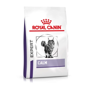 Sac de nourriture pour chat Royal Canin Expert Calm avec une illustration de chat tigré gris, avec "EXPERT" et "CALM" affichés en évidence.