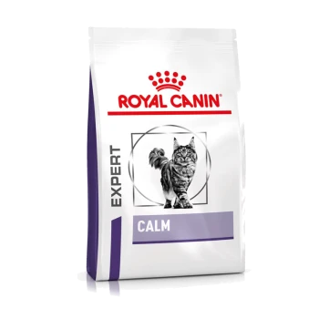 Sac de nourriture pour chat Royal Canin Expert Calm avec une illustration de chat tigré gris, avec "EXPERT" et "CALM" affichés en évidence.