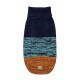 Ein gemütlicher gestrickter Hundepullover mit einem gestreiften Design in Marineblau, Türkis und Orange, mit einem kleinen Pfotenabdruck-Logo am Boden.