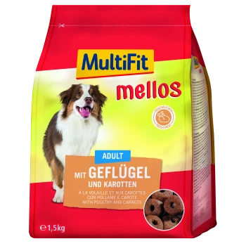 MultiFit mellos adult dog food bag showing happy dog, "ADULT" and "MIT GEFLÜGEL UND KAROTTEN / WITH POULTRY AND CARROTS", 1,5 kg