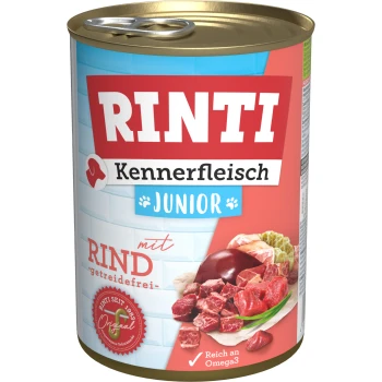 Kennerfleisch Junior 12 x 400 g Wołowina Karma dla psów w puszce oznaczone "RINTI Kennerfleisch Junior mit RIND", z kawałkami wołowiny i oznaczeniem bez zbóż, z napisem "Reich an Omega3".