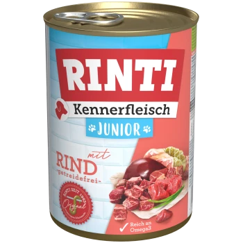 Dosenfutter für Hunde mit der Aufschrift "RINTI Kennerfleisch Junior mit RIND", das Rindfleischstücke und einen getreidefreien Anspruch zeigt, mit dem Text "Reich an Omega3".