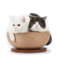 Zwei Katzen, eine weiße und eine schwarz-weiße, sitzen zusammen in einem runden Katzenbett aus Naturfasern mit einem Holzsockel.