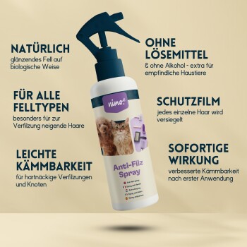Anti-Verwicklungs-Spray für Haustiere, gekennzeichnet mit Katzen und Hunden, hebt natürliche Inhaltsstoffe und Wirksamkeit für alle Felltypen hervor.