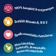 Text hebt die Vorteile des Haustierfutters hervor: "100% komplett & ausgewogen," "Vitamine A, D & E," "Essentielle Fettsäuren," "Keine künstlichen Zusatzstoffe."