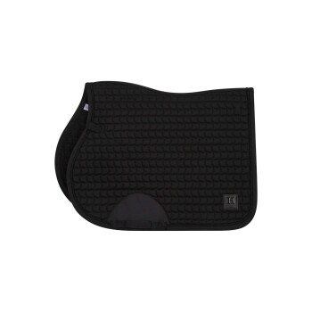 Schwarzes, gestepptes Sattelpad mit einem strukturierten Muster und einem Logo-Patch, entworfen für den Reitsport.