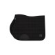 Schwarzes, gestepptes Sattelpad mit einem strukturierten Muster und einem Logo-Patch, entworfen für den Reitsport.