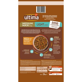 Sac de 10 kg de nourriture pour chiens Ultima Medium Maxi, étiqueté "Léger en Matières Grasses," mettant en avant des croquettes, du poulet, des carottes et des grains entiers pour le contrôle du poids.