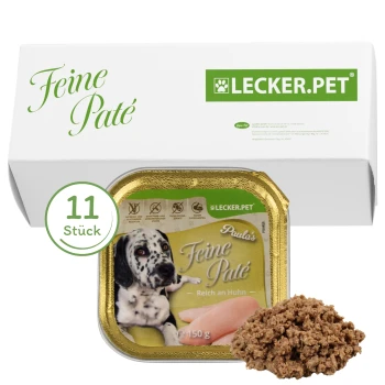 Hundefutterverpackung mit "Paulo's Feine Paté" mit einem Bild eines Hundes, 150g Portion, und einem Etikett mit der Aufschrift "11 Stück".