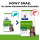 Emballage de la nourriture pour chats Hill's Prescription Diet METABOLIC (ancien vs nouveau) avec chat tigré, texte visible «NOWY SMAK» et «Weight and Diabetes Management»