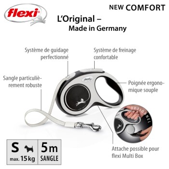 Laisse pour chien Flexi étiquetée 'L'Original – Fabriqué en Allemagne', avec une poignée ergonomique, une sangle robuste et une longueur de 5m pour des chiens jusqu'à 15kg.