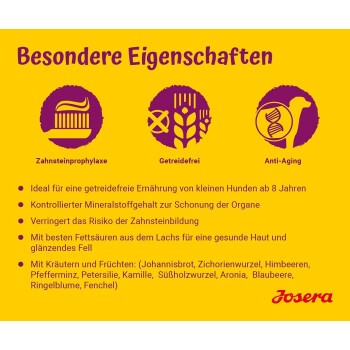 Haustierfutterprodukt von Josera, mit Zahnpflege, getreidefrei, Anti-Aging-Vorteilen für kleine Hunde über 8 Jahre, mit Kräutern und Früchten.