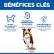 Chien avec une gamelle de croquettes sous le titre «BÉNÉFICES CLÉS» et trois icônes avec légendes d'avantages en français.