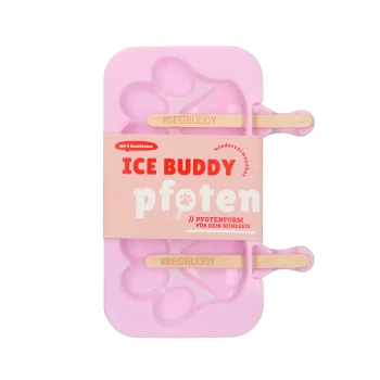 Pinkfarbene Pfoten-Eisform mit Holzstielen, beschriftet mit #BEGBUDDY, Marke „ICE BUDDY pfoten“ für Hundesnacks.