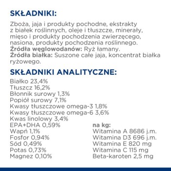 Składniki i informacje żywieniowe dla karmy dla zwierząt, wymieniające składniki takie jak zboża, jaja i witaminy z procentami.