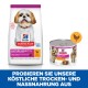 Hill's Science Plan Hundefutter für ältere Hunde: Trockenfutter "Mature Adult 7+" und Hühner-Nassfutter, mit deutschem Text über das Ausprobieren der Produkte.