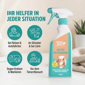 Graue Katze liegt auf einem grauen Kissen vor einem hellen türkisfarbenen Hintergrund, mit Text, der ein beruhigendes Spray zur Stresslinderung bewirbt.