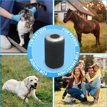 Schwarzes zylindrisches Produkt mit Tierbildern: Katze, Pferd, Hund und Familie. Text: 'FÜR KATZEN, FÜR PFERDE, FÜR HUNDE, FÜR MENSCHEN.'