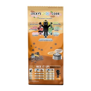 Eine Tierfuttertüte mit der Aufschrift "Lucky's Food Code" mit einer Cartoonkatze, die "Protein Boost", "Darmgesundheit" und Mischoptionen hervorhebt.