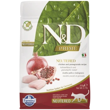 N&D Prime Kastriertes Katzenfutterpaket mit Huhn und Granatapfelrezept, mit Bildern von Hühnerstücken und Granatapfel.